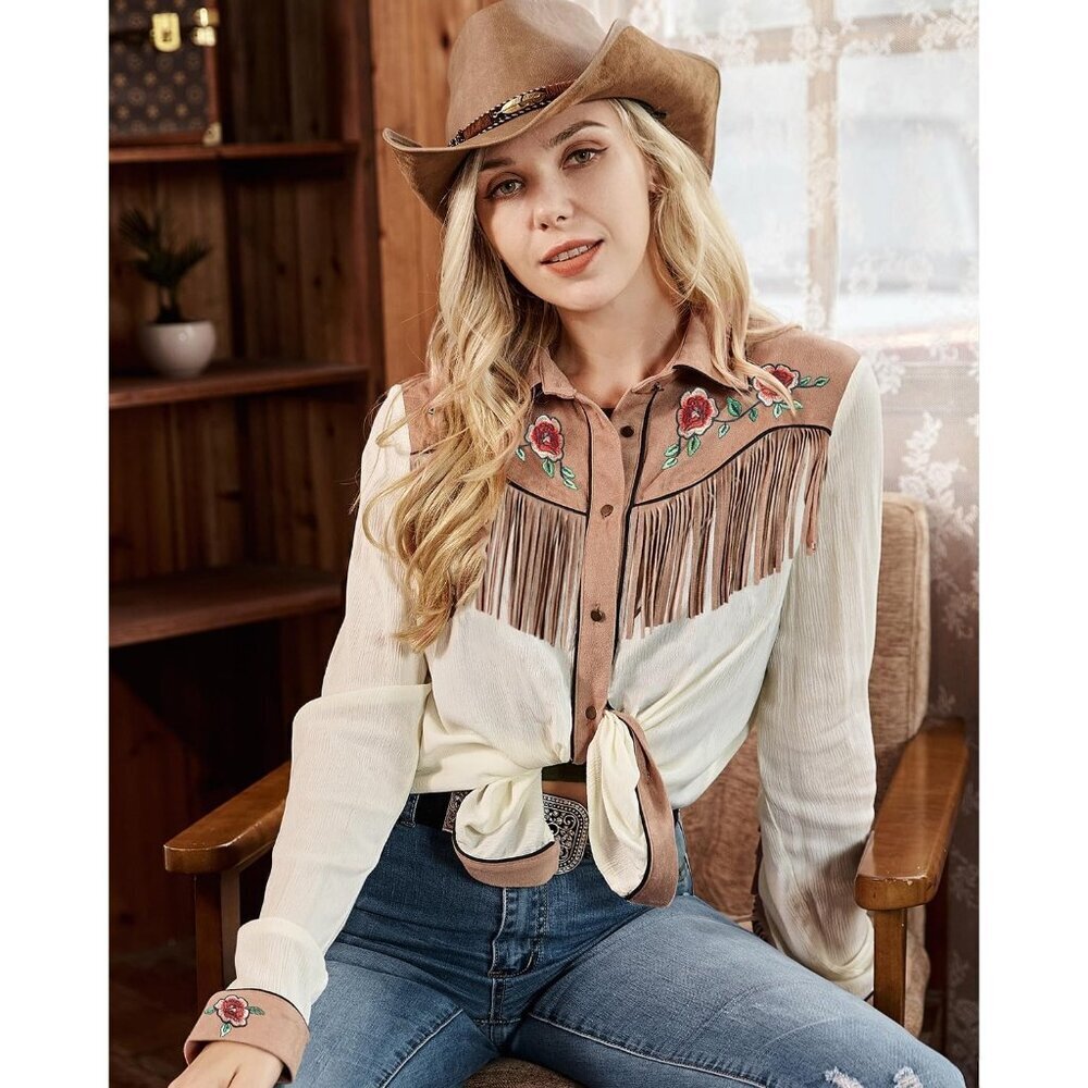 Women's White Fringe Long Sleeve Floral Embroidered Button Down Blouse Shirts - Picture 3 of 5